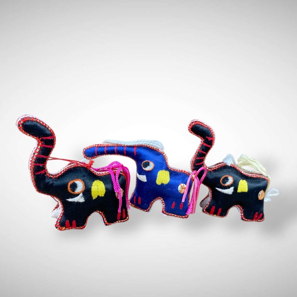 Mini Embroidered Elephant Ornaments Set 3 Small Satin 1990s‎ Good Luck Vintage